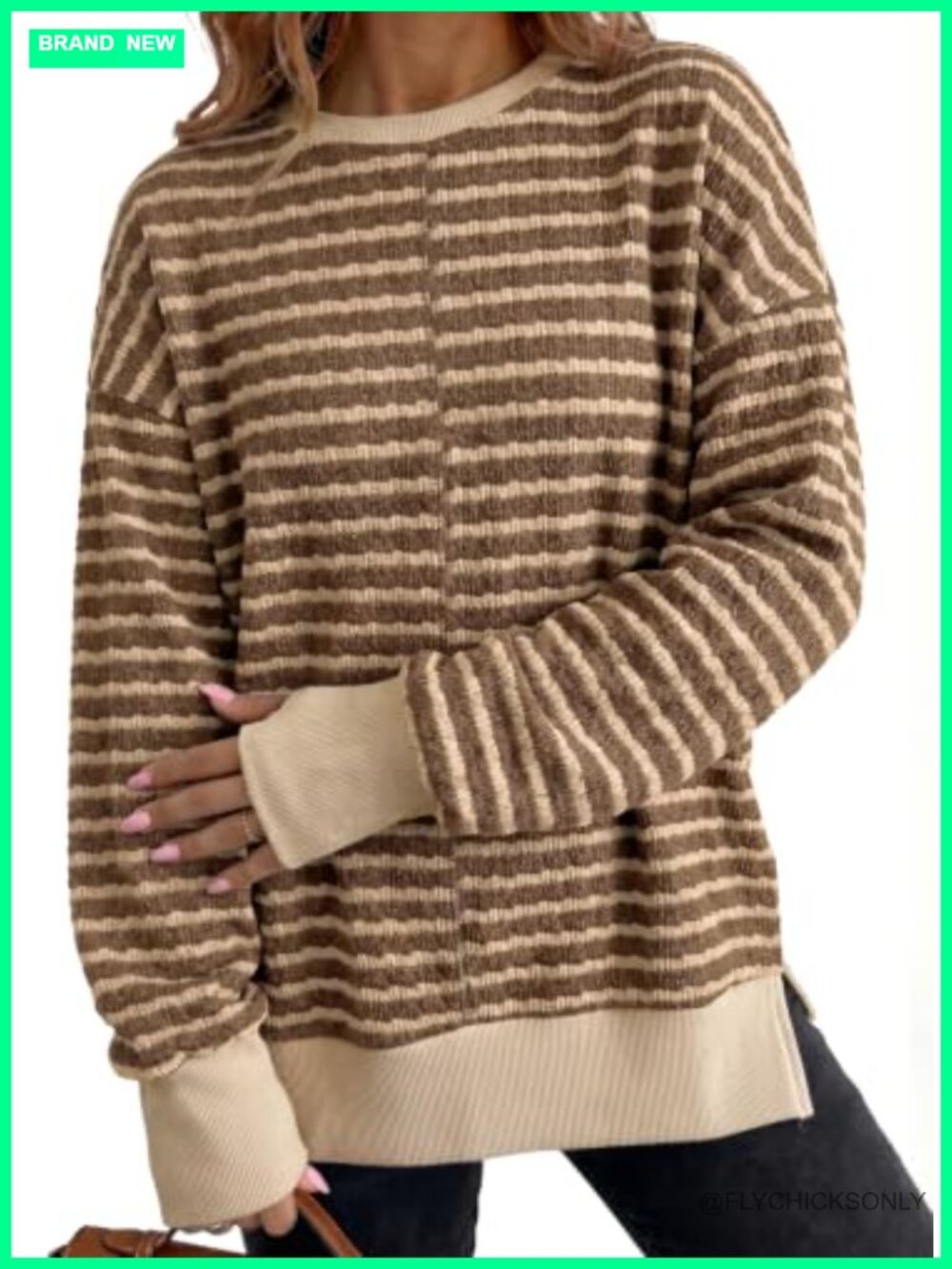 Womens Striped Pullover Sweatshirt Side Slit Crew Neck Long Sleeve Casual Top